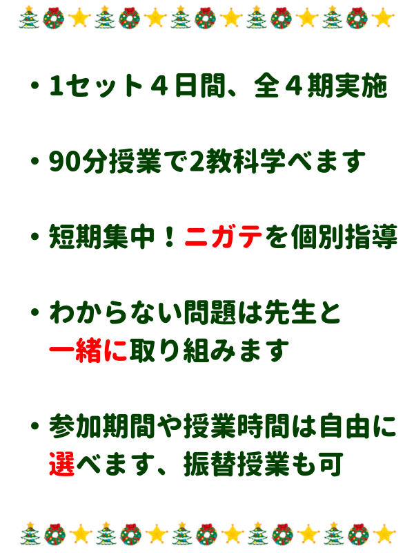 ・1セット4日間、全4期実施
・90分授業で2教科学べます
・短期集中！ニガテを個別指導
・わからない問題は先生と一緒に取り組みます
・参加期間や授業時間は自由に選べます、振替授業も可